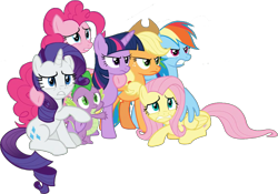 Size: 1093x763 | Tagged: safe, artist:pascalmulokozi2, edit, edited screencap, imported from derpibooru, screencap, applejack, fluttershy, pinkie pie, rainbow dash, rarity, spike, twilight sparkle, alicorn, dragon, earth pony, pegasus, pony, unicorn, the ending of the end, angry, background removed, female, folded wings, frown, group hug, hug, lying down, male, mane seven, mane six, mare, prone, scared, septet, simple background, sitting, stallion, teeth, transparent background, twilight sparkle (alicorn), winged spike, winghug, wings