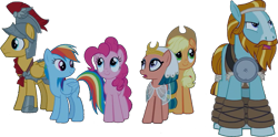 Size: 1119x555 | Tagged: safe, artist:pascalmulokozi2, edit, edited screencap, imported from derpibooru, screencap, applejack, pinkie pie, rainbow dash, rockhoof, somnambula, earth pony, pegasus, pony, shadow play, armor, background removed, female, male, mare, simple background, stallion, transparent background