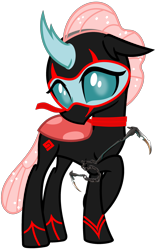 Size: 2000x3200 | Tagged: safe, artist:ponygamer2020, imported from derpibooru, ocellus, changedling, changeling, school daze, clothes, crossed legs, crossover, cute, cuteling, diaocelles, female, happy, horn, kusarigama, looking at you, ninja, randy cunningham: 9th grade ninja, scarf, shy, simple background, smiling, solo, suit, transparent background, vector, weapon