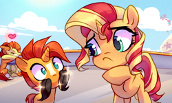 Size: 1488x891 | Tagged: safe, artist:lummh, artist:shore2020, imported from derpibooru, stellar flare, sunburst, sunset shimmer, pony, unicorn, comic:the princess of love, equestria girls, aside glance, brother and sister, colt, colt sunburst, eyes closed, facial hair, female, filly, filly sunset shimmer, flarespot, foal, heart, hug, looking at you, magic, male, mare, moustache, siblings, stallion, sunny siblings, sunspot (g4), younger