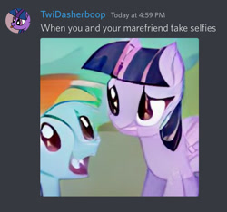 Size: 733x686 | Tagged: safe, imported from derpibooru, rainbow dash, twilight sparkle, alicorn, pegasus, :d, ai content, ai generated, concerned, discord (program), female, generator:craiyon, lesbian, open mouth, open smile, selfie, shipping, smiling, teeth, twidash, wince