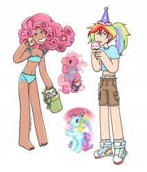 Size: 1648x1927 | Tagged: safe, artist:everafterwhat, imported from derpibooru, pinkie pie, pinkie pie (g3), rainbow dash, rainbow dash (g3), earth pony, human, pegasus, pony, alternate hairstyle, barefoot, belly button, bikini, bikini bottom, bikini top, bucket, clothes, duo, ear piercing, earring, feet, female, food, g3, grin, hat, humanized, ice cream, ice cream cone, jewelry, mare, midriff, nail polish, party hat, piercing, sand, seashell, shirt, shoes, shorts, simple background, smiling, sneakers, socks, swimsuit, t-shirt, toenail polish, tongue out, underwear, white background