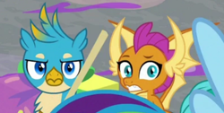 Size: 1188x600 | Tagged: safe, imported from derpibooru, screencap, gallus, rainbow dash, smolder, dragon, griffon, pegasus, the hearth's warming club, cropped, gallus is not amused, looking at you, offscreen character, reaction image, unamused