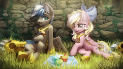 Size: 4533x2550 | Tagged: safe, artist:inowiseei, imported from derpibooru, oc, oc only, oc:bay breeze, oc:cloud zapper, pegasus, pony, armor, bow, cupcake, female, food, hair bow, male, mare, no tail, pegasus oc, picnic blanket, stallion, wings