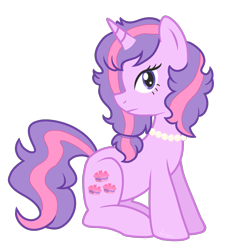 Size: 1465x1619 | Tagged: safe, artist:horsyca, imported from derpibooru, oc, oc only, pony, unicorn, cake, collar, female, food, horn, jewelry, looking at you, mare, necklace, neutral, pink hair, ponysona, purple coat, purple eyes, purple hair, shy, simple background, sitting, solo, stoic, transparent background, unicorn oc