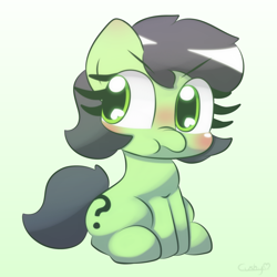 Size: 2000x2000 | Tagged: safe, artist:cushyhoof, imported from derpibooru, oc, oc only, oc:filly anon, earth pony, pony, angry, blushing, cute, earth pony oc, eye clipping through hair, eyebrows, eyebrows visible through hair, female, filly, foal, frown, gradient background, grumpy, high res, madorable, nose wrinkle, ocbetes, signature, sitting, solo