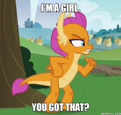 Size: 600x568 | Tagged: safe, edit, edited screencap, imported from derpibooru, screencap, smolder, dragon, father knows beast, caption, dragoness, female, image macro, meme, memeful.com, solo, text