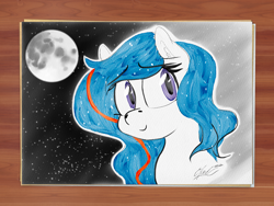 Size: 2542x1916 | Tagged: safe, artist:seafooddinner, imported from derpibooru, oc, oc only, oc:nasapone, earth pony, pony, digital art, eyebrows, eyebrows visible through hair, floppy ears, light, long mane, moon, night, purple eyes, realistic paint studio, simple background, smiling, solo, stars