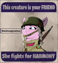 Size: 4208x4599 | Tagged: safe, artist:leotheunicorn, derpibooru exclusive, imported from derpibooru, earth pony, pony, equestria at war mod, absurd resolution, cyrillic, eyebrows, mosin nagant, poster, poster parody, russian, smiling, solo, stalliongrad