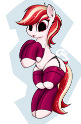 Size: 1200x1830 | Tagged: safe, artist:calilixy, imported from derpibooru, sugar moonlight, earth pony, pony, :p, belly, belly button, clothes, female, g5, garter belt, garters, glitter, lingerie, looking at you, mare, plump, seductive, seductive pose, sexy, simple background, socks, solo, sparkles, standing, stockings, stupid sexy sugar moonlight, tail, thigh highs, tongue out, white background, wide hips