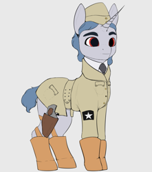 Size: 809x915 | Tagged: safe, artist:leotheunicorn, imported from derpibooru, oc, oc only, pony, unicorn, fallout equestria, cap, clothes, gun, hat, holster, pilot, solo, uniform, weapon