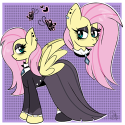 Size: 2000x2000 | Tagged: safe, artist:yoshiyoshi700, imported from derpibooru, fluttershy, butterfly, pegasus, pony, fake it 'til you make it, abstract background, clothes, collar, dress, ear piercing, eyeshadow, female, fluttergoth, goth, heart, high res, makeup, mare, outline, piercing, solo, spread wings, white outline, wings