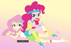 Size: 1150x786 | Tagged: safe, artist:excelso36, imported from derpibooru, fluttershy, pinkie pie, human, equestria girls, barefoot, clothes, concerned, feet, female, fetish, flutterpie, foot fetish, foot worship, gym shorts, lesbian, licking, licking foot, reference, shipping, shorts, simple background, spongebob reference, spongebob squarepants, sports, sports shorts, the fry cook games, tongue out, wrestling