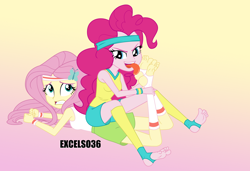 Size: 1150x786 | Tagged: safe, alternate version, artist:excelso36, imported from derpibooru, fluttershy, pinkie pie, human, equestria girls, barefoot, clothes, concerned, feet, female, fetish, flutterpie, foot fetish, foot worship, gym shorts, lesbian, licking, licking foot, reference, shipping, shorts, show accurate, show accurate porn, simple background, spongebob reference, spongebob squarepants, sports, sports shorts, the fry cook games, tongue out, wrestling