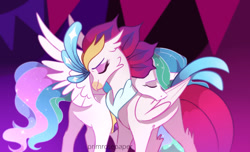 Size: 1280x776 | Tagged: safe, artist:primrosepaper, imported from derpibooru, princess celestia, queen novo, alicorn, classical hippogriff, hippogriff, my little pony: the movie, eyes closed, eyeshadow, female, lesbian, makeup, novolestia, nuzzling, redraw, scene interpretation, shipping