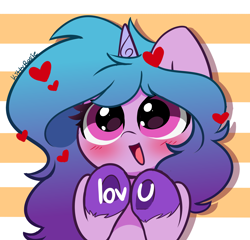 Size: 3570x3426 | Tagged: safe, artist:kittyrosie, imported from derpibooru, izzy moonbow, pony, unicorn, abstract background, blushing, cute, daaaaaaaaaaaw, female, floating heart, g5, happy, heart, high res, izzybetes, kittyrosie is trying to murder us, looking at you, mare, open mouth, open smile, smiling, smiling at you, solo, sweet dreams fuel, underhoof, unshorn fetlocks, weapons-grade cute