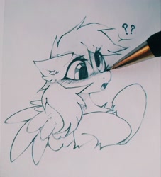 Size: 2908x3205 | Tagged: safe, artist:mirtash, imported from derpibooru, derpy hooves, pegasus, pony, boop, bust, derp, ear fluff, female, mare, monochrome, open mouth, pen, portrait, question mark, simple background, solo, speech bubble, traditional art, white background, wings