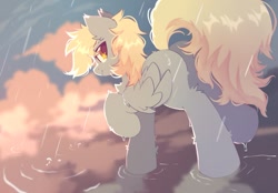 Size: 851x593 | Tagged: safe, artist:mirtash, imported from derpibooru, derpy hooves, pegasus, pony, butt, cloud, eye clipping through hair, female, folded wings, looking at you, looking back, looking back at you, mare, needs more jpeg, plot, rain, raised hoof, raised leg, solo, wings