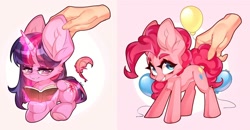 Size: 2048x1064 | Tagged: safe, alternate version, artist:minekoo2, imported from derpibooru, pinkie pie, twilight sparkle, alicorn, earth pony, pony, balloon, big ears, blushing, book, chibi, cute, diapinkes, digital art, disembodied hand, duo, duo female, feather, female, hand, heart, horn, lidded eyes, mare, petting, reading, sitting, spread wings, tail, twiabetes, twilight sparkle (alicorn), wings