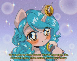 Size: 2048x1626 | Tagged: safe, artist:pierogarts, imported from derpibooru, izzy moonbow, pony, unicorn, '90s, anime, donut, female, food, g5, horn, mare, smiling, solo, the uses of unicorn horns