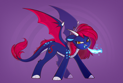 Size: 2045x1374 | Tagged: safe, artist:rexyseven, imported from derpibooru, oc, oc only, oc:scarlet spectrum, dracony, dragon, hybrid, female, purple background, simple background, solo