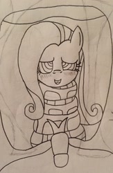 Size: 2067x3171 | Tagged: safe, artist:lunahazacookie, imported from derpibooru, fluttershy, pegasus, pony, snake, blushing, coils, hypno eyes, kaa eyes, kaa hypnotism paraphilia, open mouth, smiling, traditional art