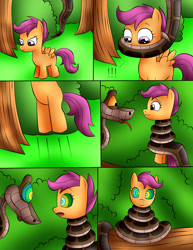 Size: 2029x2624 | Tagged: safe, artist:jerrydestrtoyer, imported from derpibooru, pegasus, pony, snake, comic:kaa and cutie mark crusaders, coils, comic, female, filly, foal, hypno eyes, kaa, kaa eyes, kaa hypnotism paraphilia, male, outdoors