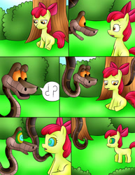 Size: 2142x2771 | Tagged: safe, artist:jerrydestrtoyer, imported from derpibooru, apple bloom, earth pony, pony, snake, comic:kaa and cutie mark crusaders, bow, comic, female, filly, foal, hair bow, hypno eyes, kaa, kaa eyes, kaa hypnotism paraphilia, male, outdoors, sitting