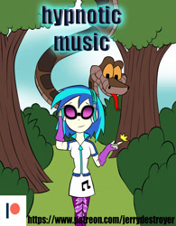 Size: 1573x2019 | Tagged: safe, artist:jerrydestrtoyer, imported from derpibooru, dj pon-3, vinyl scratch, human, snake, equestria girls, clothes, comic, comic cover, cutie mark on clothes, female, fingerless gloves, forked tongue, gloves, headphones, kaa, outdoors, patreon, patreon logo, smiling, sunglasses, tongue out