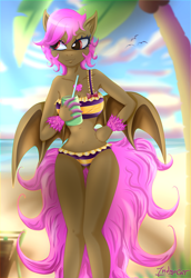 Size: 1500x2184 | Tagged: safe, artist:indigocat1, imported from derpibooru, oc, oc only, anthro, bat pony, bat pony oc, bat wings, beach, bedroom eyes, belly button, bikini, breasts, clothes, commission, digital art, female, hand on hip, holding, solo, swimsuit, tail, thighs, wide hips, wings