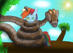 Size: 1170x850 | Tagged: safe, artist:kinipharian, imported from derpibooru, rainbow dash, pegasus, pony, coils, duo, female, hypno eyes, kaa, kaa eyes, kaa hypnotism paraphilia, male, mare, outdoors, smiling