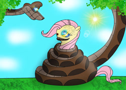 Size: 1170x836 | Tagged: safe, artist:kinipharian, imported from derpibooru, fluttershy, pegasus, pony, coils, duo, female, hypno eyes, kaa, kaa eyes, kaa hypnotism paraphilia, mare, outdoors, smiling