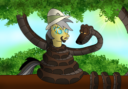 Size: 1156x811 | Tagged: safe, artist:kinipharian, imported from derpibooru, daring do, pegasus, pony, snake, bedroom eyes, coils, duo, eyelashes, female, hat, hypno eyes, kaa, kaa eyes, kaa hypnotism paraphilia, mare, outdoors, pith helmet