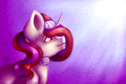 Size: 3000x2000 | Tagged: safe, artist:prettyshinegp, imported from derpibooru, oc, oc only, pony, unicorn, abstract background, bust, christmas, female, hat, holiday, horn, mare, santa hat, signature, solo, unicorn oc