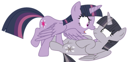 Size: 1745x849 | Tagged: safe, artist:twilyisbestpone, artist:wardex101, edit, imported from derpibooru, mean twilight sparkle, twilight sparkle, alicorn, pony, angry, base used, clone, discorded, discorded twilight, duality, duo, duo female, evil, female, mare, nose wrinkle, pinned, scared, self paradox, self ponidox, simple background, transparent background, twilight sparkle (alicorn), twilight tragedy, wide eyes, wings