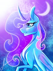 Size: 2048x2732 | Tagged: safe, artist:anekomori, imported from derpibooru, princess luna, alicorn, pony, blue eyes, blue mane, crepuscular rays, crescent moon, curved horn, digital art, ethereal mane, eyelashes, feather, female, flowing mane, folded wings, glowing, horn, mare, moon, moonlight, night, signature, sketch, sky, solo, sparkles, starry mane, stars, wings