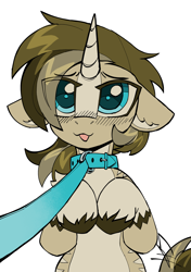 Size: 2311x3286 | Tagged: safe, artist:kotya, imported from derpibooru, oc, oc only, oc:valthonis, pony, unicorn, :p, collar, colored hooves, eye clipping through hair, eyebrows, eyebrows visible through hair, floppy ears, horn, leash, looking at you, simple background, solo, tongue out, unicorn oc, unshorn fetlocks, white background