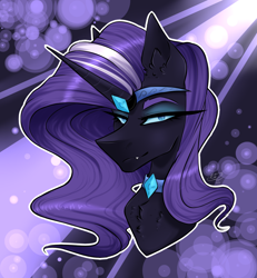 Size: 1200x1300 | Tagged: safe, artist:via2211, imported from derpibooru, nightmare rarity, pony, unicorn, blue eyes, bust, chest fluff, crepuscular rays, crown, digital art, eyelashes, eyeshadow, fangs, female, gem, grin, horn, jewelry, lidded eyes, long horn, looking at you, makeup, mare, moonlight, night, purple mane, regalia, smiling, smiling at you, solo