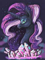 Size: 3000x4000 | Tagged: safe, artist:ayveena, edit, imported from derpibooru, nightmare rarity, pony, unicorn, bust, crown, crystal, digital art, ethereal mane, eyelashes, eyeshadow, female, flowing mane, gem, green eyes, high res, horn, jewelry, looking at you, makeup, mare, purple mane, regalia, simple background, sky, smiling, smiling at you, solo, sparkles, starry mane, stars, teeth