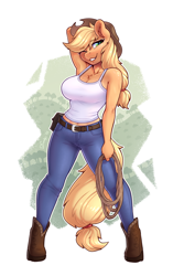 Size: 2208x3508 | Tagged: safe, artist:dandy, imported from derpibooru, applejack, anthro, earth pony, unguligrade anthro, arm behind head, belt, belt buckle, big breasts, boots, breasts, busty applejack, chest fluff, cleavage, clothes, cowboy boots, cowboy hat, denim, ear fluff, female, freckles, green eyes, grin, hair tie, hat, jeans, looking at you, one eye closed, pants, rope, shoes, smiling, smirk, solo, stetson, stupid sexy applejack, tanktop, wink