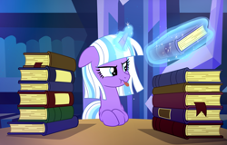 Size: 2653x1700 | Tagged: safe, artist:kannakiller, imported from derpibooru, oc, pony, unicorn, base used, blue eyes, book, commission, female, floppy ears, glowing, glowing horn, horn, library, looking back, magic, magic aura, mare, solo, table, telekinesis, throne, tongue out, unicorn oc, ych result