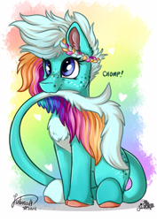 Size: 1920x2716 | Tagged: safe, artist:julunis14, imported from derpibooru, oc, oc only, earth pony, pony, biting, braid, chest fluff, chomp, coat markings, cute, digital art, female, fluffy mane, fluffy tail, freckles, leonine tail, rainbow tail, sitting, solo, tail, tail bite