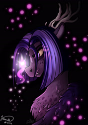 Size: 1920x2716 | Tagged: safe, artist:julunis14, imported from derpibooru, oc, oc only, draconequus, bust, chest fluff, coat markings, digital art, draconequus oc, facial markings, fangs, horns, implied twilight sparkle, male, mane, portrait, solo, sparkle, star (coat marking), twilight sparkle's cutie mark, wing fluff, wings