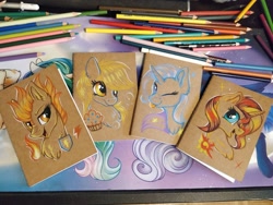 Size: 1152x864 | Tagged: safe, artist:julunis14, imported from derpibooru, derpy hooves, spitfire, sunset shimmer, trixie, pegasus, pony, unicorn, :p, bubble, bust, cape, clothes, colored pencil drawing, fire, food, muffin, notebook, one eye closed, portrait, tongue out, traditional art, wink