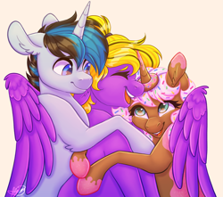 Size: 3145x2776 | Tagged: safe, artist:mxiiisy, imported from derpibooru, oc, oc only, oc:donut daydream, oc:solar gizmo, oc:sunny smiles, pegasus, pony, unicorn, female, group hug, hug, mare, signature, simple background, trio, winghug, wings