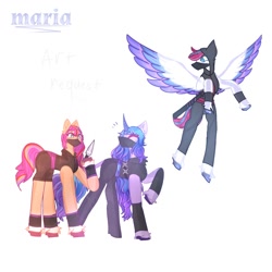 Size: 1024x1024 | Tagged: safe, artist:marialuxury, imported from derpibooru, izzy moonbow, sunny starscout, zipp storm, earth pony, pony, unicorn, clothes, g5, kunai, ninja, requested art, simple background, white background
