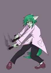 Size: 2885x4096 | Tagged: safe, artist:sleepymist, imported from derpibooru, oc, oc only, anthro, earth pony, clothes, dual wield, earth pony oc, furry, gray background, gun, handgun, lab coat, pistol, scientist, simple background, smoke, solo, weapon