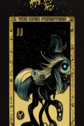 Size: 1024x1536 | Tagged: safe, artist:gnosys, imported from derpibooru, part of a set, cyclops, pony, robot, robot pony, fanfic:revanchism, abstract, ai content, ai generated, fanfic art, generator:midjourney, major arcana, tarot card, the high priestess