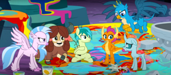 Size: 1600x702 | Tagged: safe, imported from derpibooru, screencap, gallus, ocellus, sandbar, silverstream, smolder, yona, changedling, changeling, classical hippogriff, dragon, earth pony, griffon, hippogriff, pony, yak, uprooted, angry, bow, cloven hooves, colored hooves, cropped, dragoness, female, hair bow, jewelry, male, monkey swings, necklace, student six, teenager