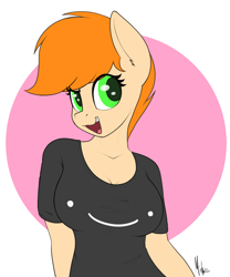 Size: 2000x2400 | Tagged: safe, artist:ponynamedmixtape, imported from derpibooru, oc, oc only, oc:squiggles, anthro, earth pony, clothes, female, pixie cut, shirt, short hair, simple background, solo, t-shirt, tomboy
